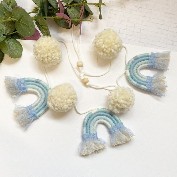 Macrame Rainbow Garland, Pom Pom Rainbow Garland, Yarn Macrame Mini Rainbows, - Picture 2 of 4